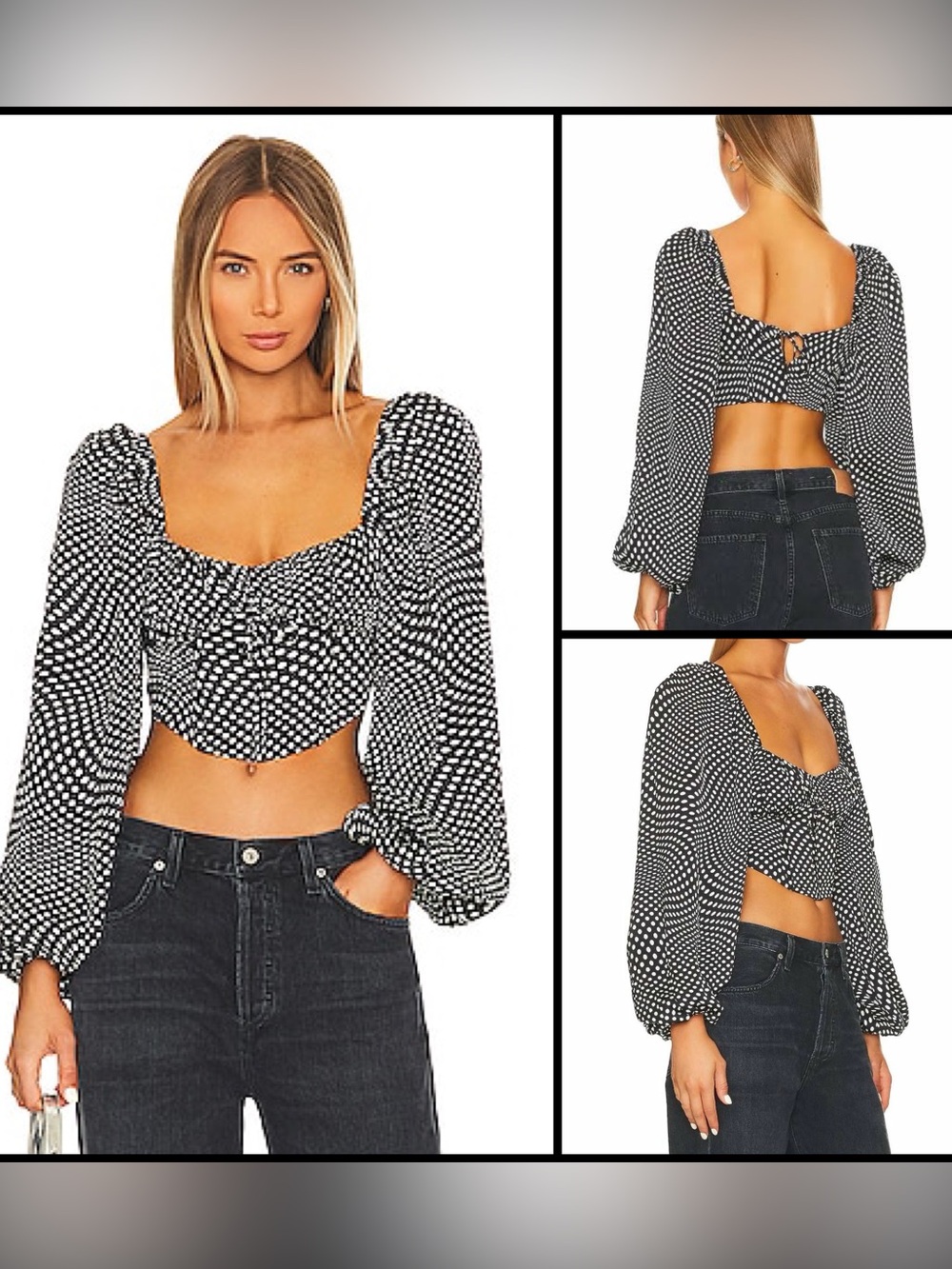 For Love & Lemons Kat Polka Dot Satin Corset Blouse Size M Puff Long Sleeve Top